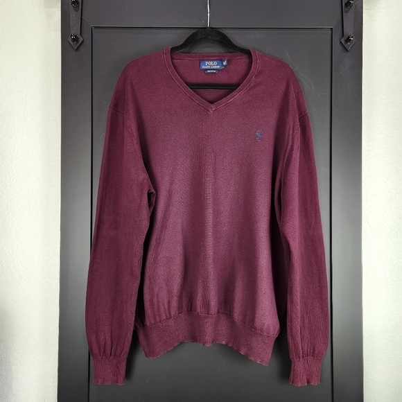 Men's Polo Ralph Lauren Burgundy Pima Cotton Pullover Sweater V-Neck  Size XL - Picture 1 of 4